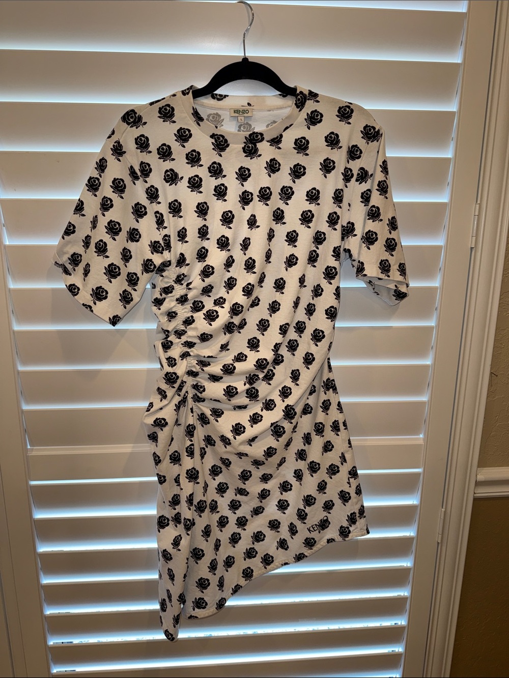 Kenzo White Dress with Black Rose Print and Asymmetric Ruched Hem